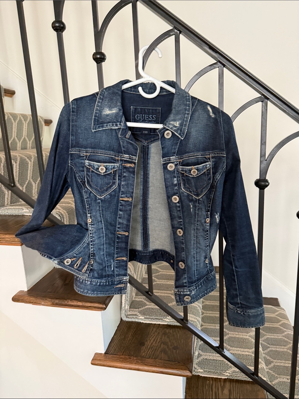 GUESS Women's Dark Blue Distressed Denim Jacket